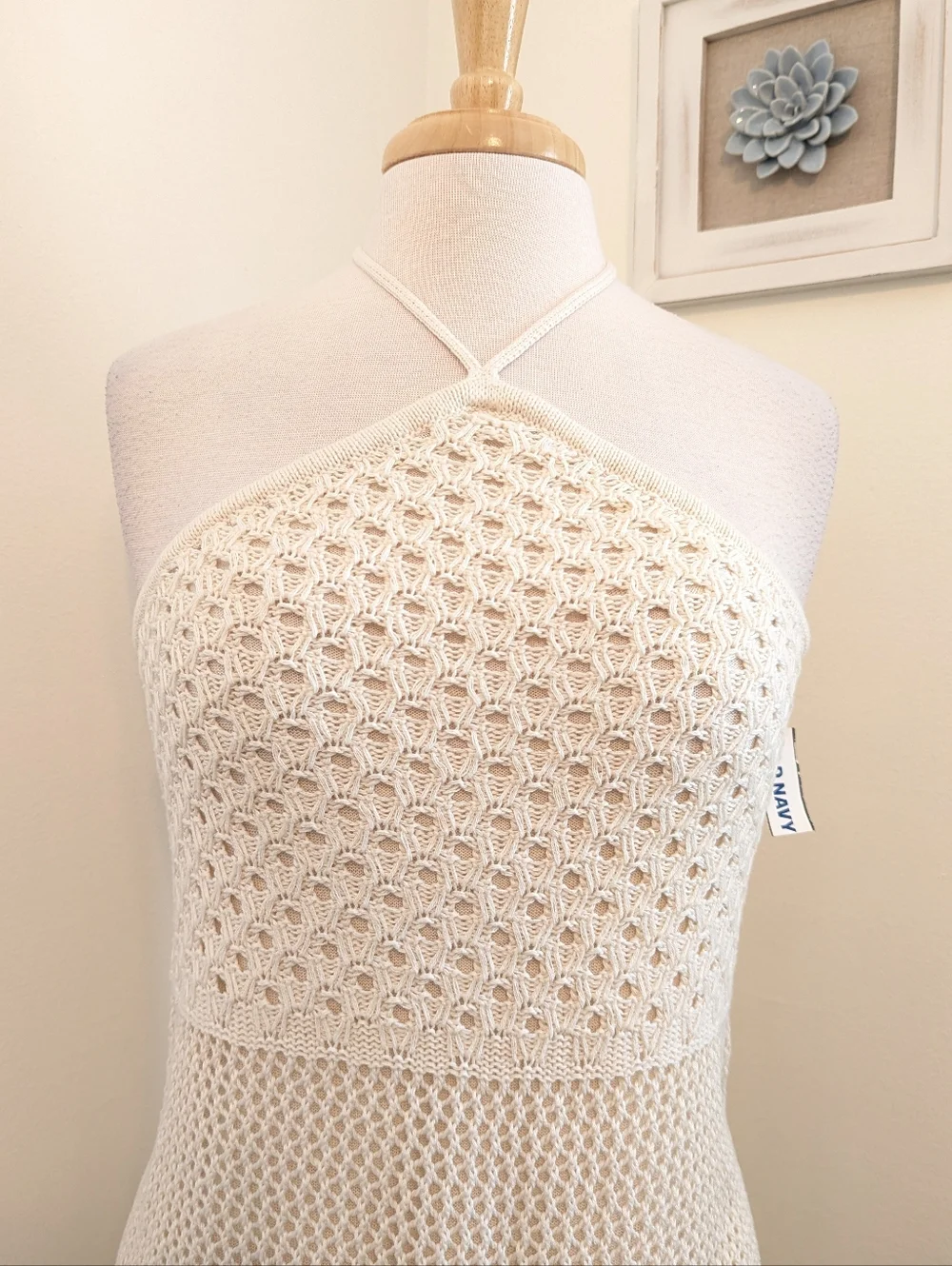 Old Navy Boho Cream Knit Crochet Halter Mini Dress Medium - Picture 4 of 12